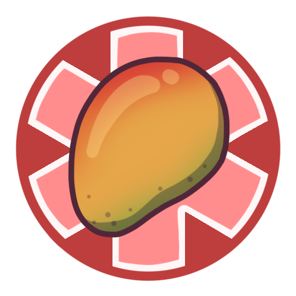 a red circle with a large medical alert asterisk inside it, and a mango pictured in the centre.